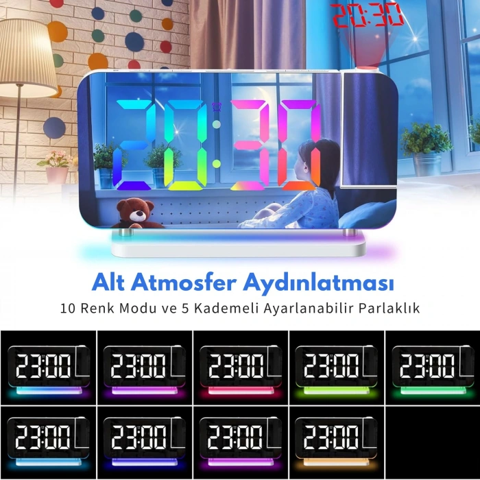 EtaShop RGB Projeksiyonlu Çalar Saat -7Ayna LED Dijital Saat Tavana Zaman Yansıtma USB & Type C Şarj RGB Atmosfer Gece Lambası Beyaz