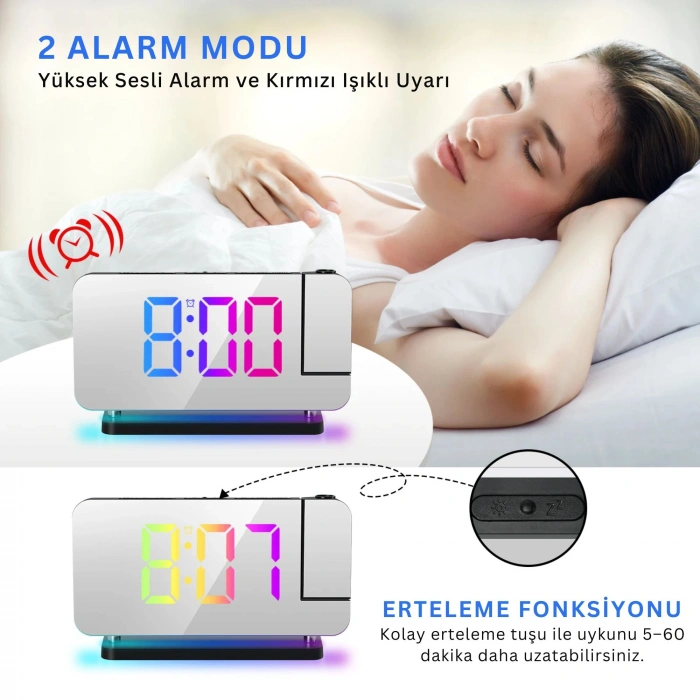 EtaShop RGB Projeksiyonlu Çalar Saat -7Ayna LED Dijital Saat Tavana Zaman Yansıtma USB & Type C Şarj RGB Atmosfer Gece Lambası Beyaz