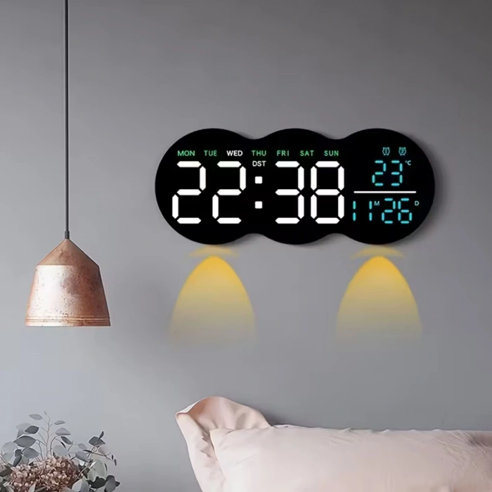 EtaShop Uzaktan Kumandalı Bulut LED Duvar Saati  Ortam Işıklı Büyük Dijital Ekran Çift Alarm Sıcaklık Tarih Göstergeli Geri Sayım Sayaçlı