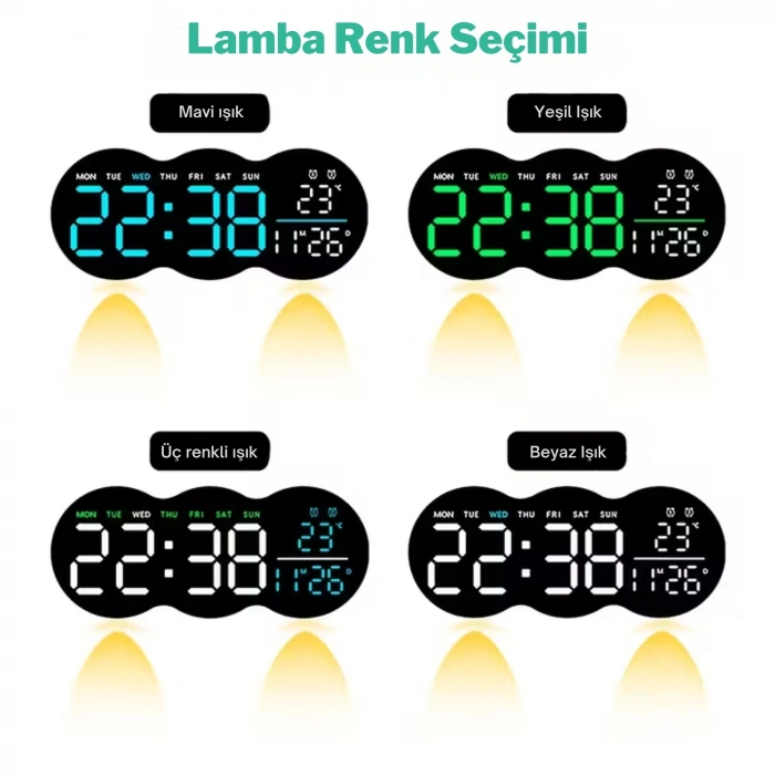 EtaShop Uzaktan Kumandalı Bulut LED Duvar Saati  Ortam Işıklı Büyük Dijital Ekran Çift Alarm Sıcaklık Tarih Göstergeli Geri Sayım Sayaçlı