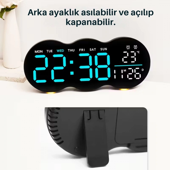 EtaShop Uzaktan Kumandalı Bulut LED Duvar Saati  Ortam Işıklı Büyük Dijital Ekran Çift Alarm Sıcaklık Tarih Göstergeli Geri Sayım Sayaçlı