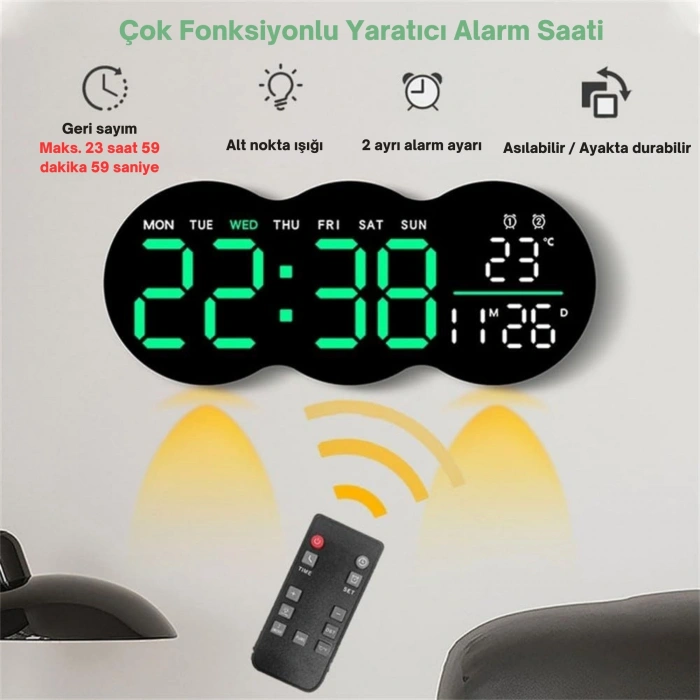 EtaShop Uzaktan Kumandalı Bulut LED Duvar Saati  Ortam Işıklı Büyük Dijital Ekran Çift Alarm Sıcaklık Tarih Göstergeli Geri Sayım Sayaçlı