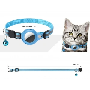 EtaShop AirTag Uyumlu Reflektif Kedi Tasması Zilli Ayarlanabilir Kedi Boyun Tasması 22-32 cm Mavi