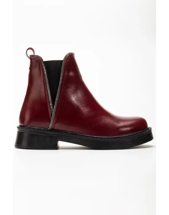 02-02 Bordo Kırışık Rugan Taş Aksesuarlı Lastikli Günlük Kadın Bot