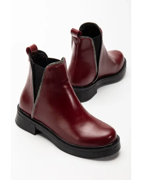 02-02 Bordo Kırışık Rugan Taş Aksesuarlı Lastikli Günlük Kadın Bot