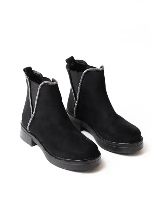 Siyah Süet Taş Aksesuarlı Lastikli Günlük Kadın Bot