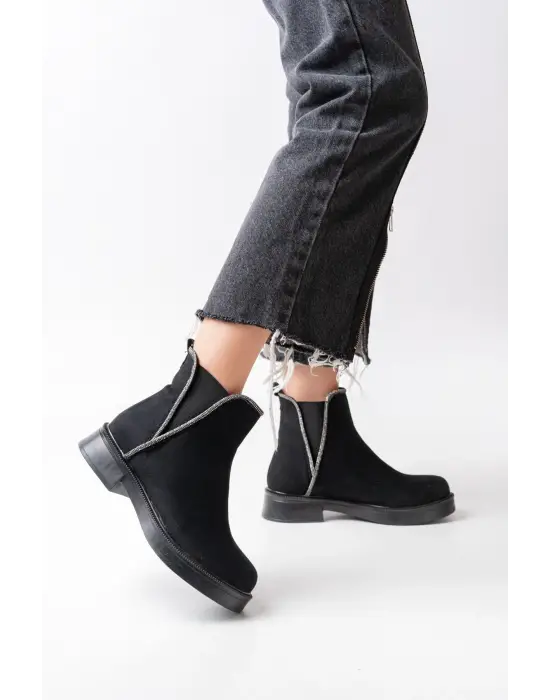 Siyah Süet Taş Aksesuarlı Lastikli Günlük Kadın Bot