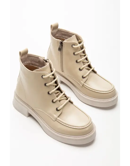 02-2001 Bej Kırışık Rugan Bağcıklı Fermuarlı Günlük Kadın Bot