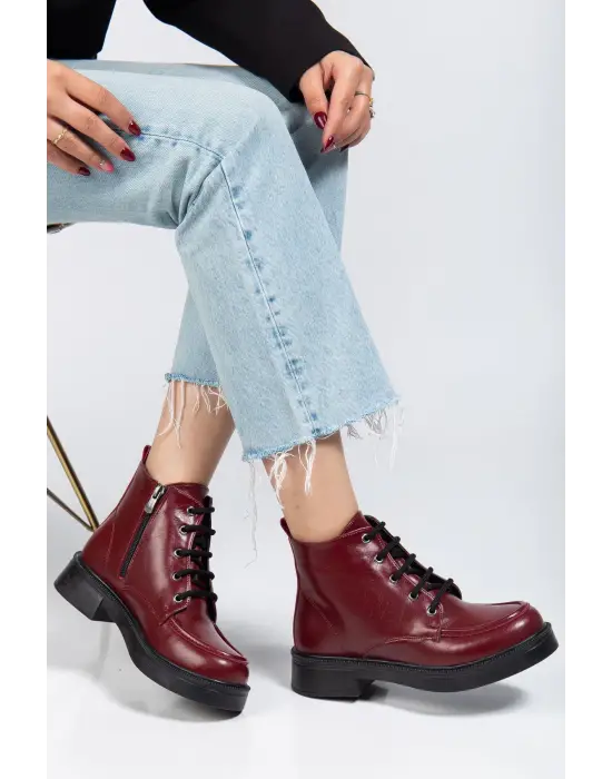 02-2001 Bordo Kırışık Rugan Bağcıklı Fermuarlı Günlük Kadın Bot