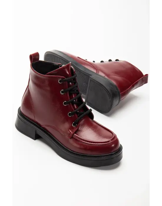 02-2001 Bordo Kırışık Rugan Bağcıklı Fermuarlı Günlük Kadın Bot