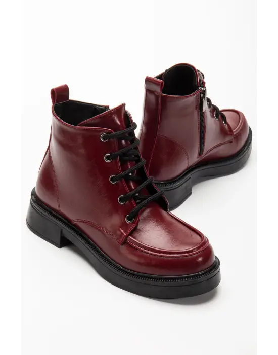 02-2001 Bordo Kırışık Rugan Bağcıklı Fermuarlı Günlük Kadın Bot