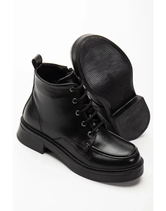 02-2001 Siyah Kırışık Rugan Bağcıklı Fermuarlı Günlük Kadın Bot