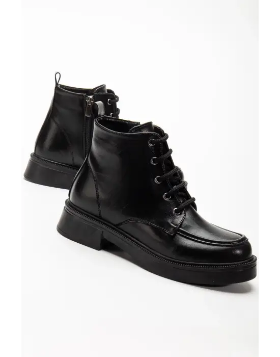 02-2001 Siyah Kırışık Rugan Bağcıklı Fermuarlı Günlük Kadın Bot