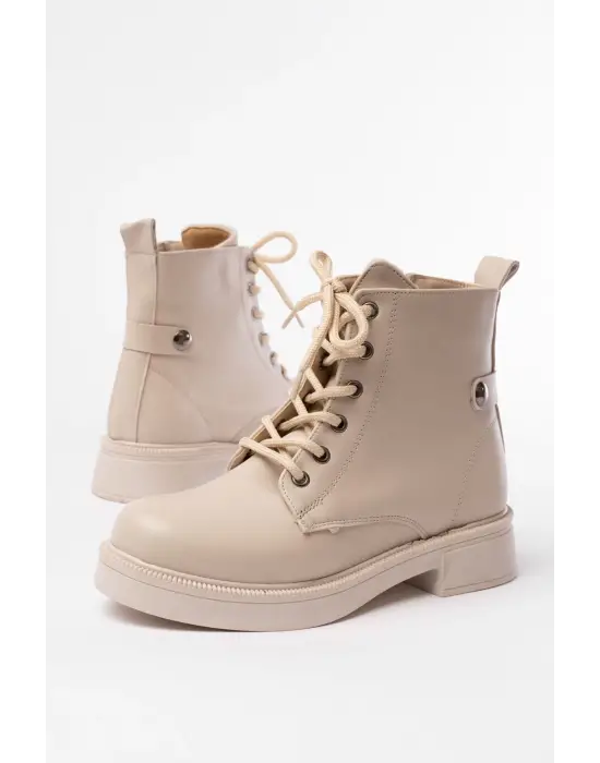 Bej Bağcıklı Fermuarlı Günlük Kadın Bot
