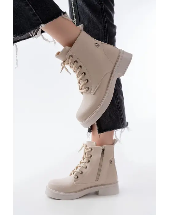 Bej Bağcıklı Fermuarlı Günlük Kadın Bot