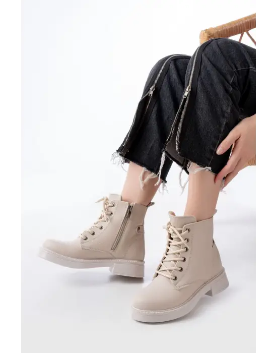 Bej Bağcıklı Fermuarlı Günlük Kadın Bot