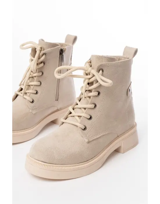 Bej Süet Bağcıklı Fermuarlı Günlük Kadın Bot