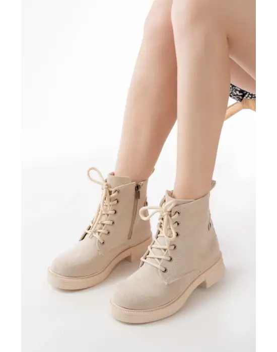 Bej Süet Bağcıklı Fermuarlı Günlük Kadın Bot