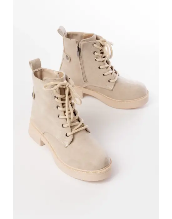 Bej Süet Bağcıklı Fermuarlı Günlük Kadın Bot