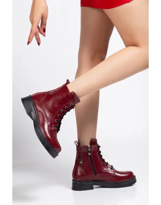 02-2003 Bordo Kırışık Rugan Bağcıklı Fermuarlı Günlük Kadın Bot