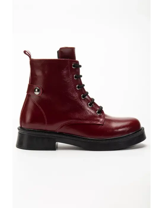 02-2003 Bordo Kırışık Rugan Bağcıklı Fermuarlı Günlük Kadın Bot