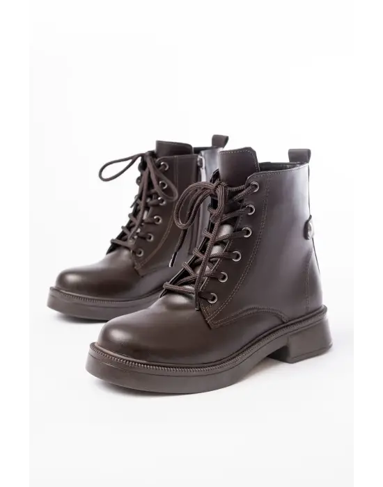 Kahve Cilt Bağcıklı Fermuarlı Günlük Kadın Bot