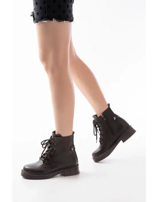 Kahve Cilt Bağcıklı Fermuarlı Günlük Kadın Bot