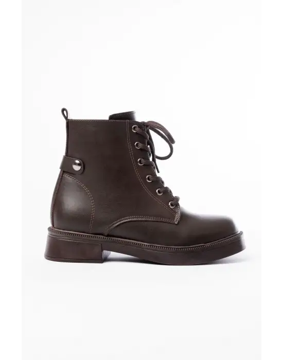 Kahve Cilt Bağcıklı Fermuarlı Günlük Kadın Bot