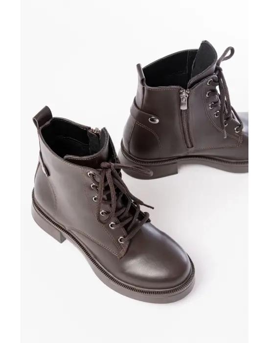 Kahve Cilt Bağcıklı Fermuarlı Günlük Kadın Bot