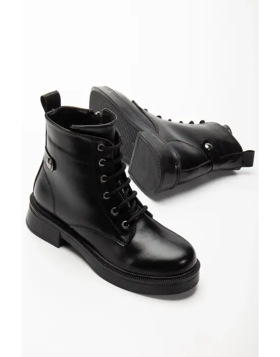 02-2003 Siyah Kırışık Rugan Bağcıklı Fermuarlı Günlük Kadın Bot