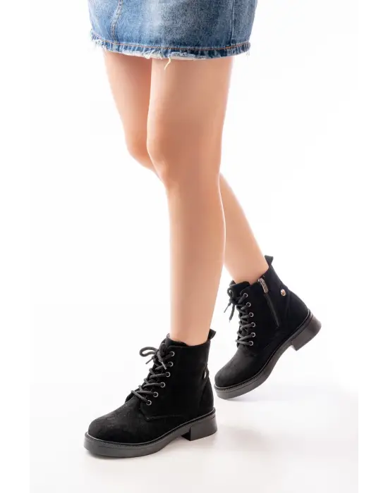 Siyah Süet Bağcıklı Fermuarlı Günlük Kadın Bot