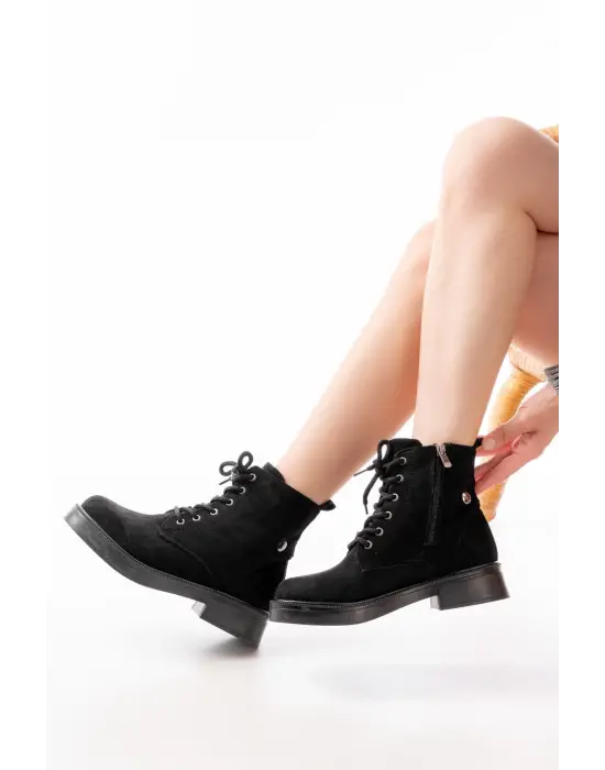 Siyah Süet Bağcıklı Fermuarlı Günlük Kadın Bot