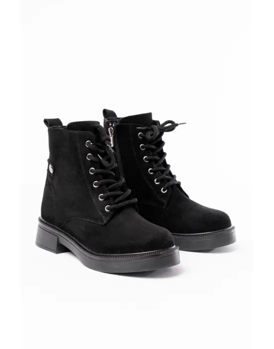 Siyah Süet Bağcıklı Fermuarlı Günlük Kadın Bot