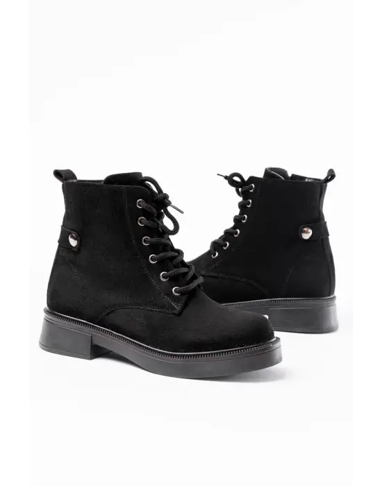 Siyah Süet Bağcıklı Fermuarlı Günlük Kadın Bot