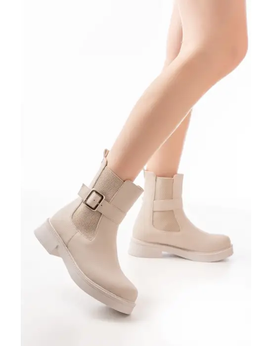 Bej Toka Aksesuarlı Lastikli Günlük Kadın Bot