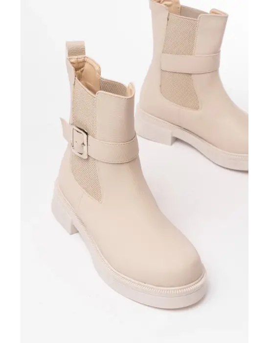 Bej Toka Aksesuarlı Lastikli Günlük Kadın Bot