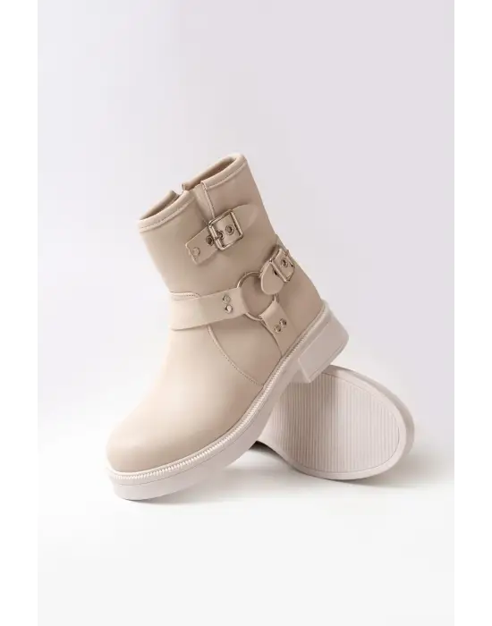 Bej Toka Aksesuarlı Fermuarlı Günlük Kadın Bot