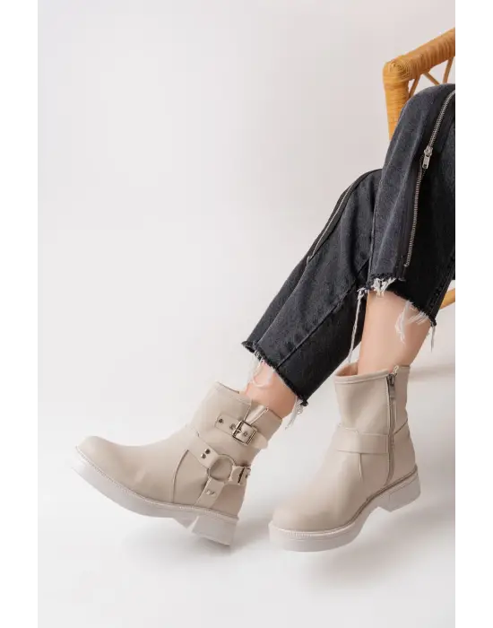 Bej Toka Aksesuarlı Fermuarlı Günlük Kadın Bot