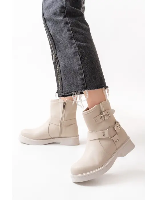 Bej Toka Aksesuarlı Fermuarlı Günlük Kadın Bot