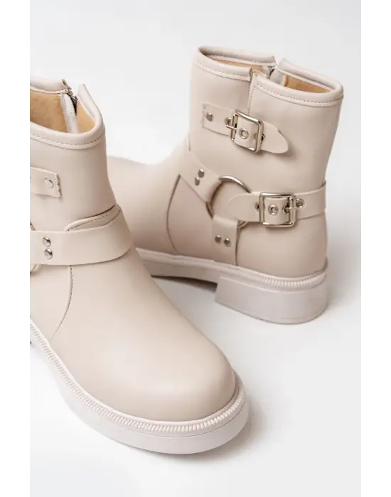 Bej Toka Aksesuarlı Fermuarlı Günlük Kadın Bot