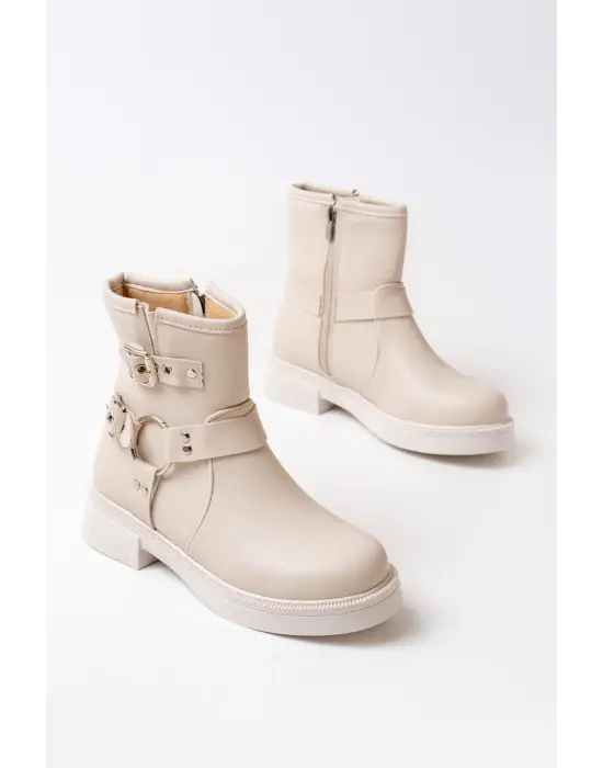 Bej Toka Aksesuarlı Fermuarlı Günlük Kadın Bot