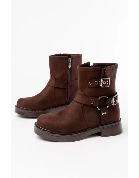 Kahverengi Süet Toka Aksesuarlı Fermuarlı Günlük Kadın Bot