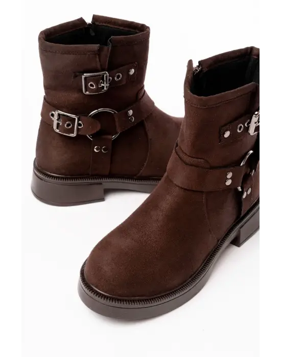 Kahverengi Süet Toka Aksesuarlı Fermuarlı Günlük Kadın Bot
