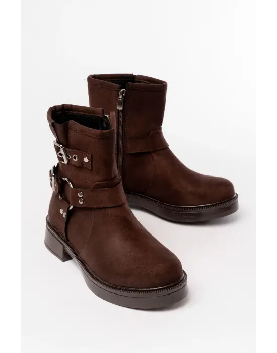Kahverengi Süet Toka Aksesuarlı Fermuarlı Günlük Kadın Bot