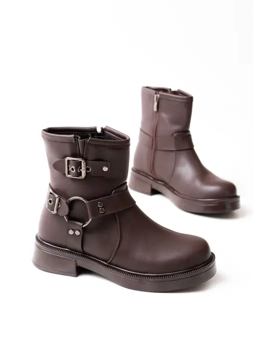 Kahverengi Toka Aksesuarlı Fermuarlı Günlük Kadın Bot