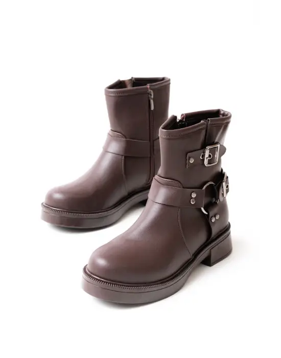 Kahverengi Toka Aksesuarlı Fermuarlı Günlük Kadın Bot