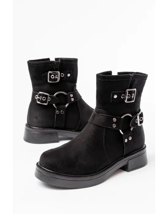 Siyah Süet Toka Aksesuarlı Fermuarlı Günlük Kadın Bot