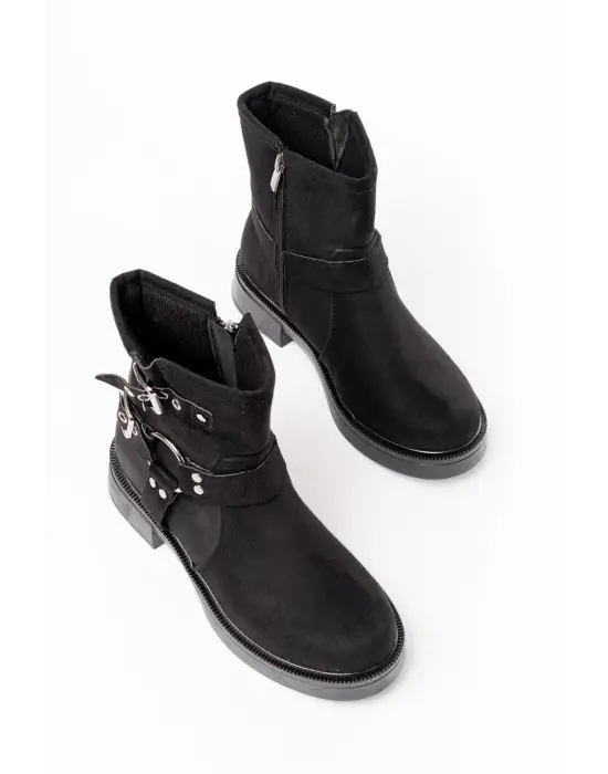 Siyah Süet Toka Aksesuarlı Fermuarlı Günlük Kadın Bot