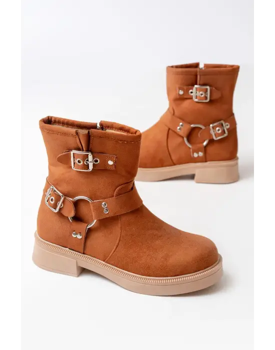Taba Süet Toka Aksesuarlı Fermuarlı Günlük Kadın Bot