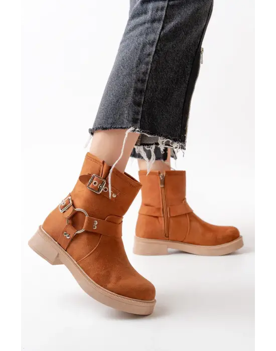 Taba Süet Toka Aksesuarlı Fermuarlı Günlük Kadın Bot